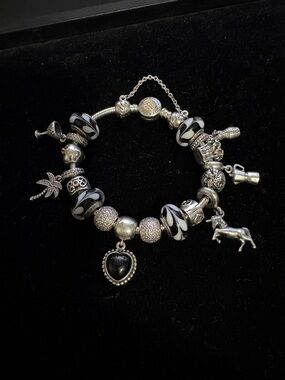 Pandora Silver Charm Bracelet with Black and White Glass Beads